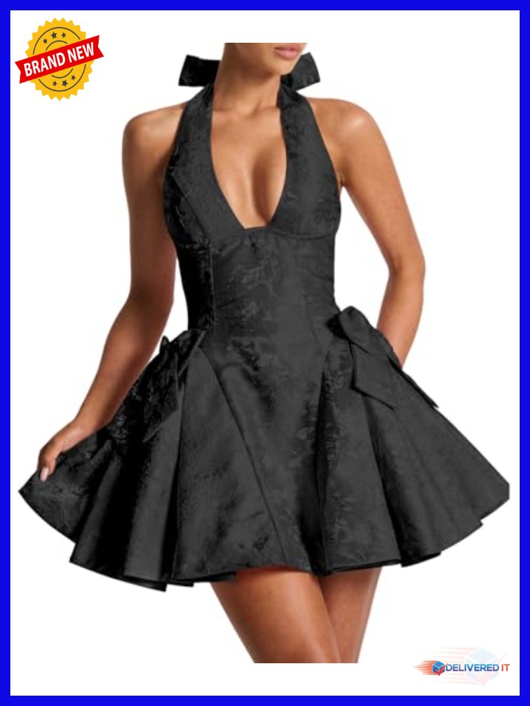 Summer Backless Deep V Neck Halter Jacquard Mini Dress A-Line Ruffle Lace Up Bow